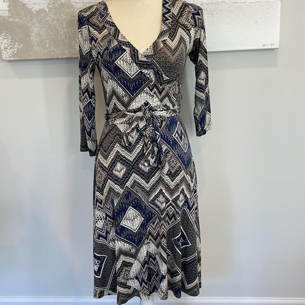 Stunning Abstract Blue/Grey/Brown deep V-Neck Dress by “Janette”